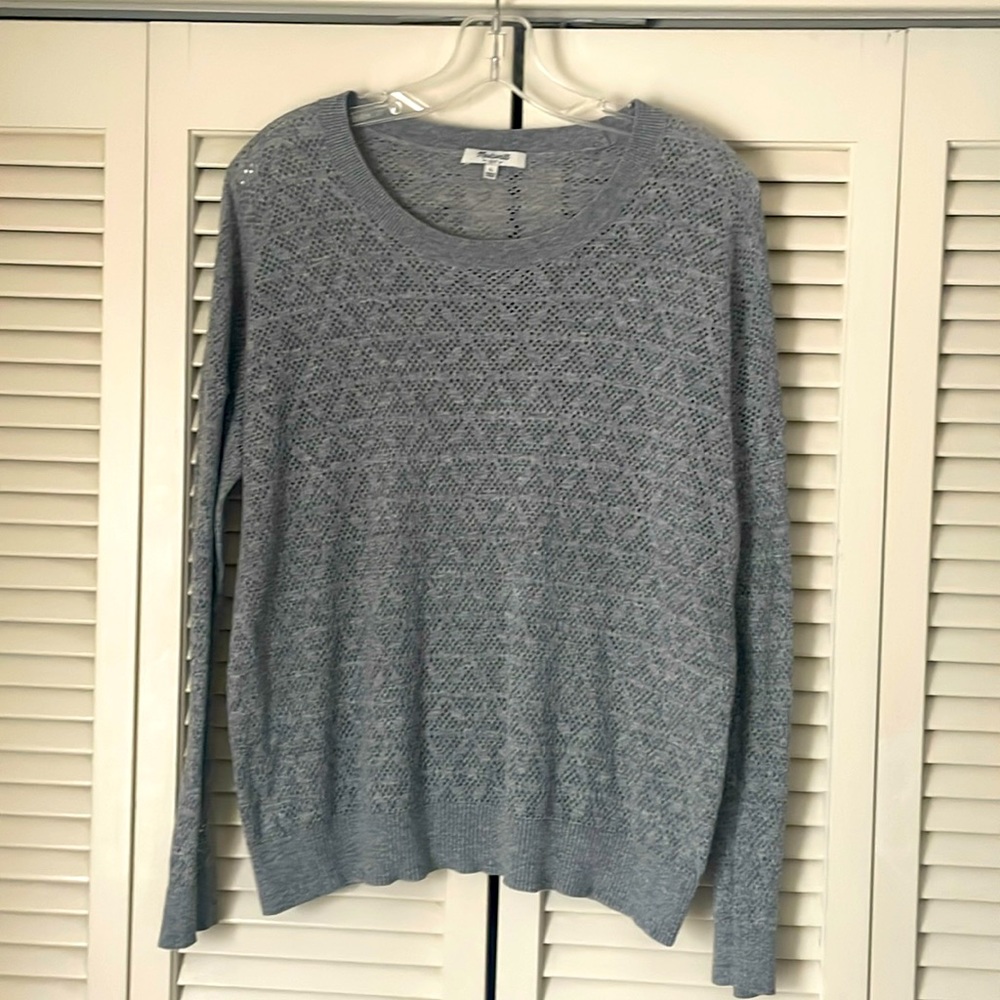 Madewell 100% cotton lightweight sweater gray Sz L long sleeve crew neck cut-out